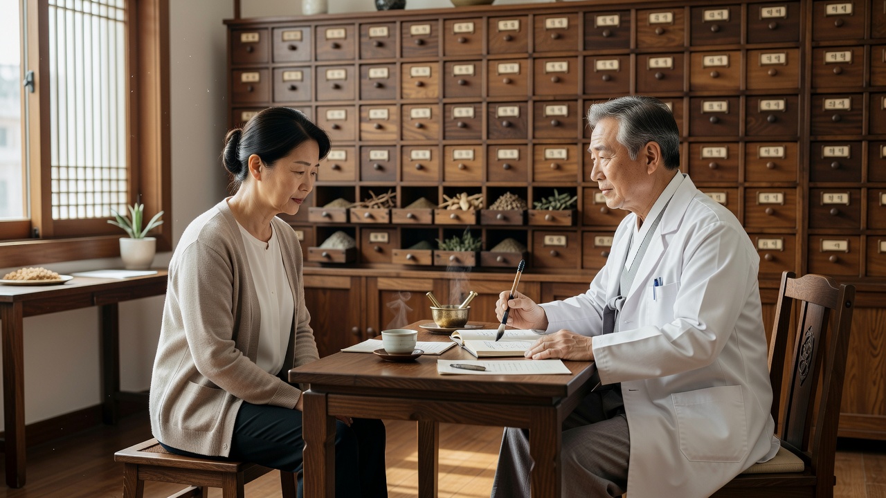 한방 정신 치료 상담을 받는 환자와 한의사