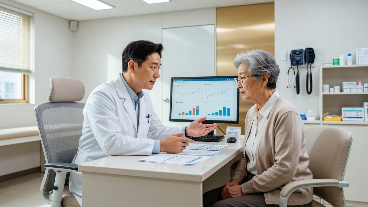 노인 건강검진 항목이 조정된 70세 이상 수검자 상담 장면