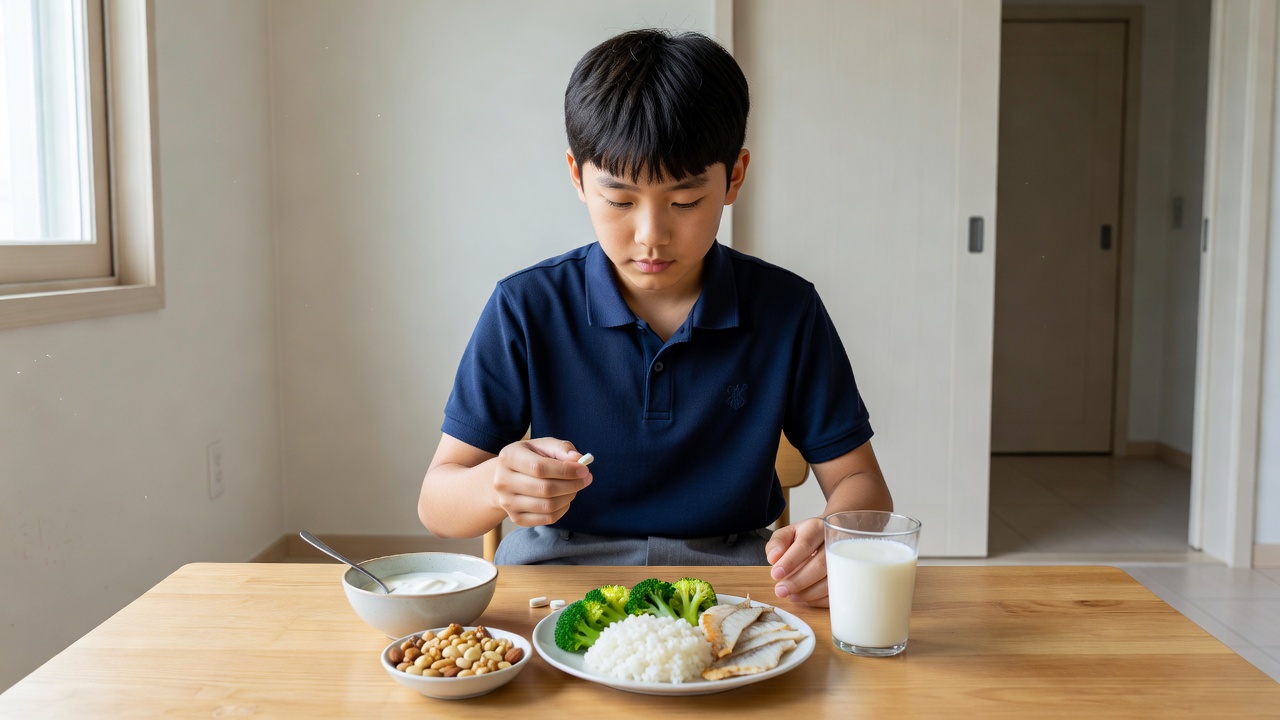 청소년 키크 영양제 복용을 생각하는 중학생의 식사 장면