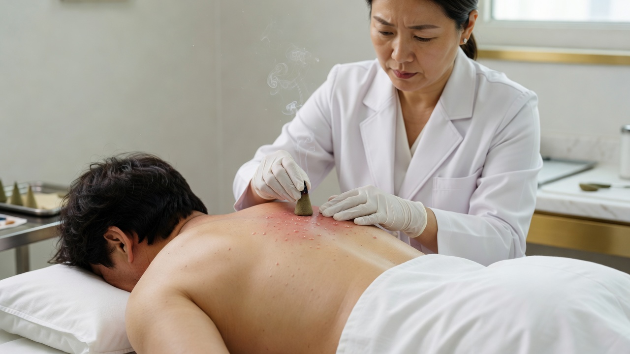 한의원 뜸 화상 위험이 있는 직접구 시술 장면
