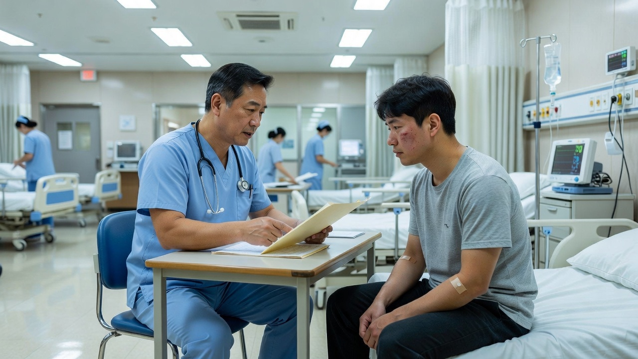 교통사고 응급실 진단서 발급을 문의하는 환자와 의사